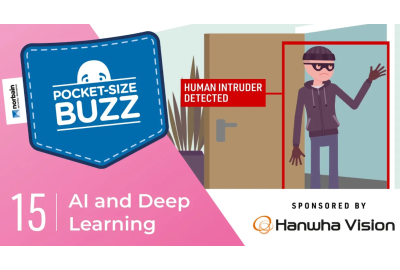 Pocket-size Buzz dressed as a burglar breaking into someones home and being detected by their alarm on a pink background with white writing that says ai and deep learning 