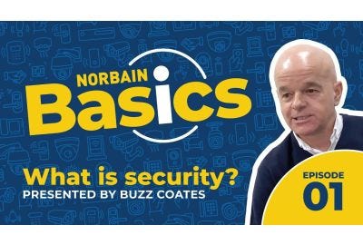 Buzz smiling on a blue background with yellow writing that says Norbain Basics What is Security