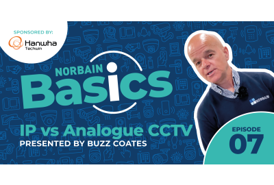 Buzz Coates on a blue background with light blue text saying Norbain Basics IP Vs Analogue CCTV