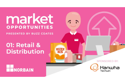 Cartoon of pocket-size Buzz as a checkout employee on a pink background with white text saying Market Opportunities  retail and distribution