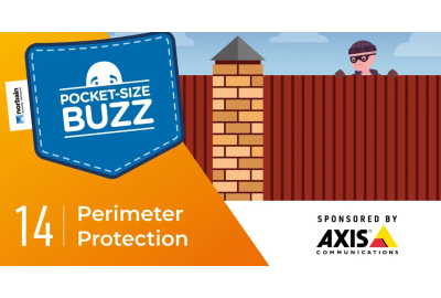 Burglar Buzz on top of a fence with an orange background and white text that says perimeter protection 