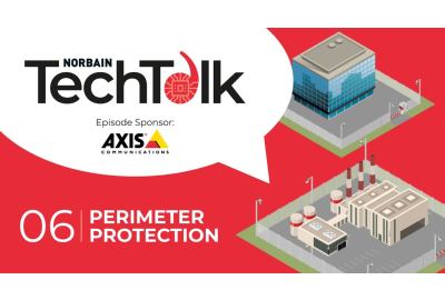 Perimeter of a warehouse on a red background with Techtalk sponsored by Axis and Perimeter Protection written in white