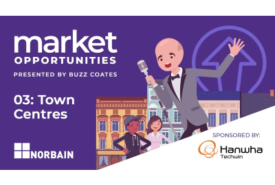 A cartoon on pocket-size Buzz in a suit singing into a microphone on a purple background with white text saying Market Opportunities: Town Centres