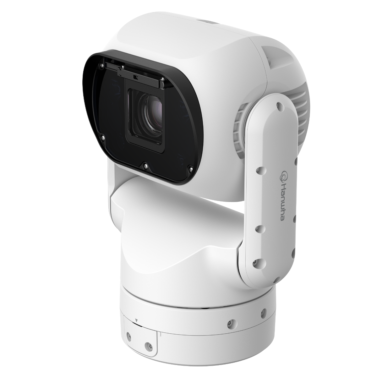 Angled view of Hanwha 8MP AI Ruggedised PTZ Camera showing PTZ enclosure