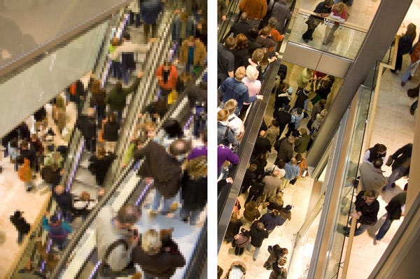 Two images showing CCTV resolution. One blurry and one clear image. 