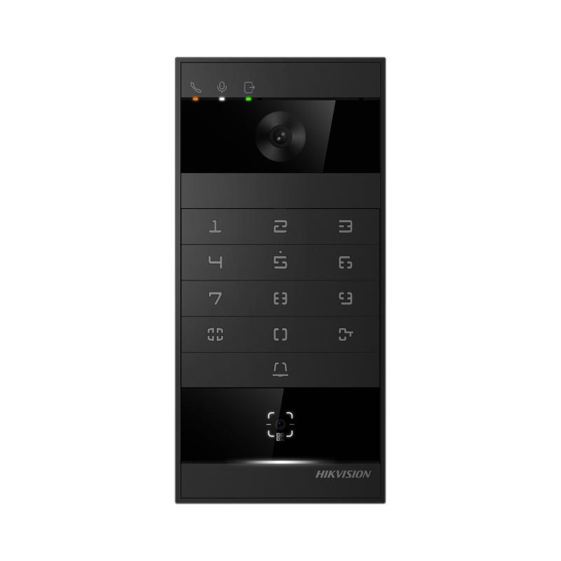 Hikvision DS-KV8114-KWQE1 metal villa door station, front view showing camera, keypad, call button and card reader