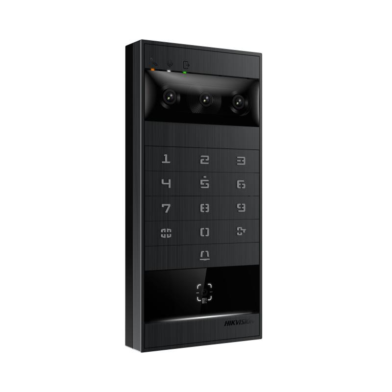 Hikvision DS-KV8114T-KWQE1 triple-lens metal villa door station, three-quarter view from the left