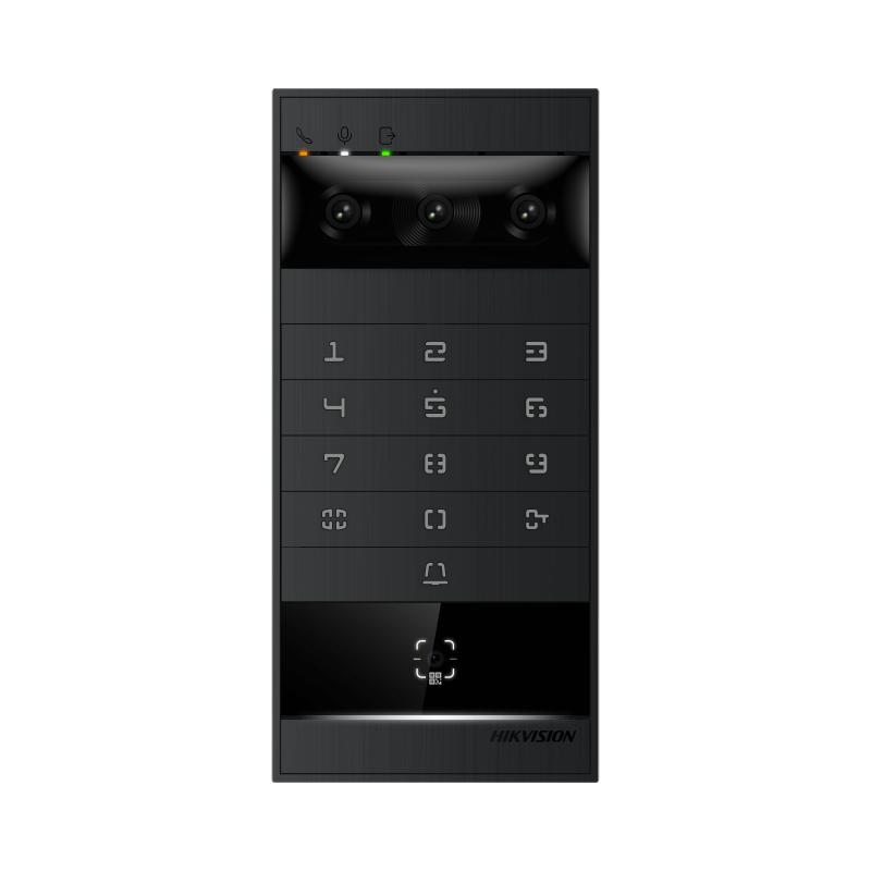 Hikvision DS-KV8114T-KWQE1 triple-lens metal villa door station, front view showing three cameras, keypad, call button and card reader